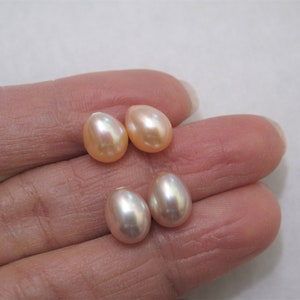 One Pair 7 x 8-9mm AAA High Luster Oval Rice Pearls, Half Drilled Pearl Beads, Genuine Natural Pink Freshwater Pink Pearl Pairs (1170-FP)