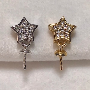 925 Sterling Silver OR Gold Star Pendant Setting w/CZs for Half Drilled Pearls, DIY Jewelry, Pendant Drop Bail, Pearl Peg Findings (NF-416)