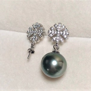 One Pair - 925 Sterling Silver Snow Flake Earring Findings, Pearl Peg Earring Mounts,Half Drilled Pearl Silver Post Earring Settings(EF-513)