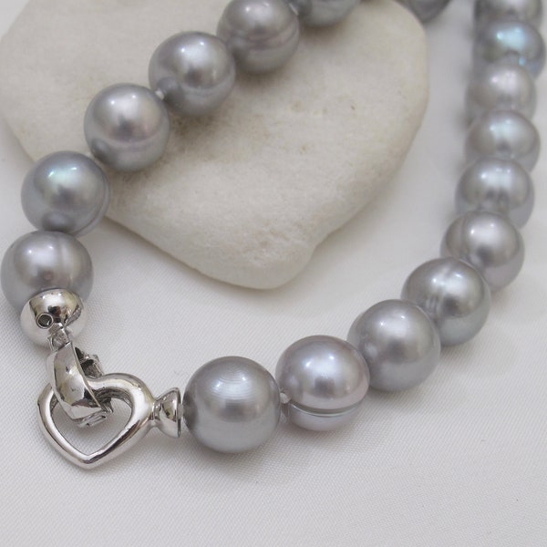 17/18/20 inch Lustrous Silver Gray Ringed Freshwater Pearl Necklace, Hand Knotted Genuine Pearl Necklace w/925 Silver Heart Clasp (1014-NK)