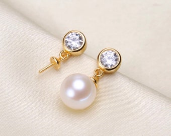 925 Sterling Silver/Gold Vermeil CZ Pearl Stud Earring Setting : DIY Jewelry Findings for Half Drilled Pearls, Blank Earring Mounts (375-EF)