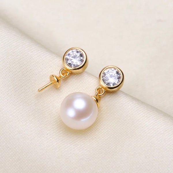 925 SterlingSilver/Gold 4 Or 5mm CZ StudEarring Setting,Half Drilled Pearl Earring Components,DIY 925 Sterling EarringMount Findings(EF-375)