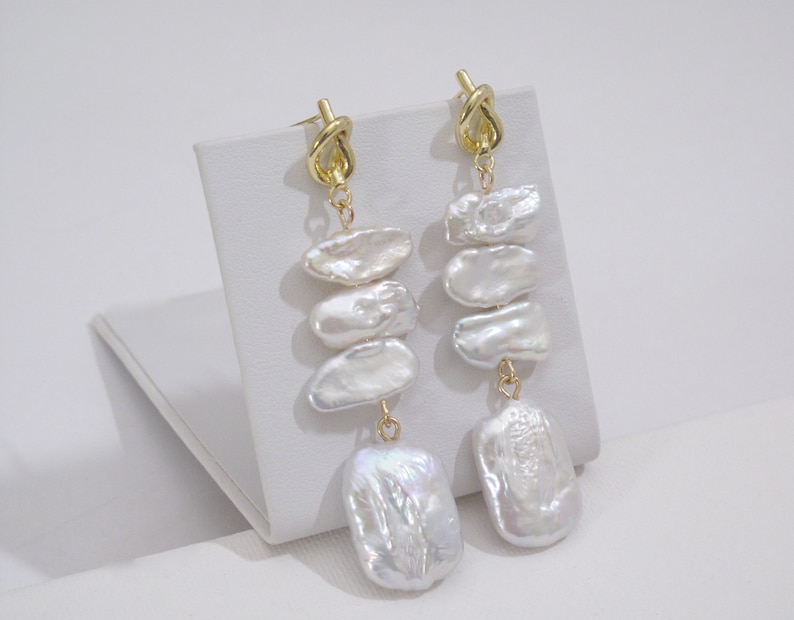 Genuine Natural White Freshwater Pearl w/925 Sterling Gold Post Earring,Pearl Dangle Earring,Designers Natural Pearl Bridal Earring6122-ER image 4