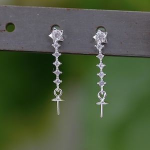 One Pair 925 SterlingSilver Star Post Dangle EarringFindings w/Bar Cubic Zirconia,DIY Earring Mounts,Wholesale Pearl Earring Setting(EF-505)
