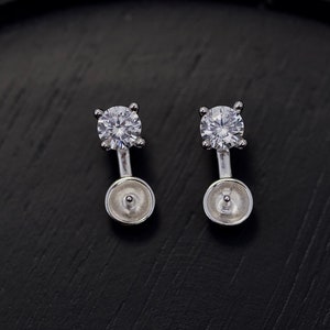 925 Sterling Silver Earring Setting w/4mm CZ for Half Drilled Pearls,DIY Pearl Earrings,Pearl Earring Mounts,Silver Earring Findings(356-EF)