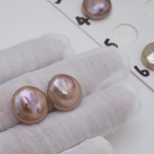 One Pair Rare AAA 14-15mm High Luster Beautiful Natural Mauve Pink/Peach/Champagne Thick Coin Freshwater Pearls,0.8mm Half Drilled(1041D-FP)