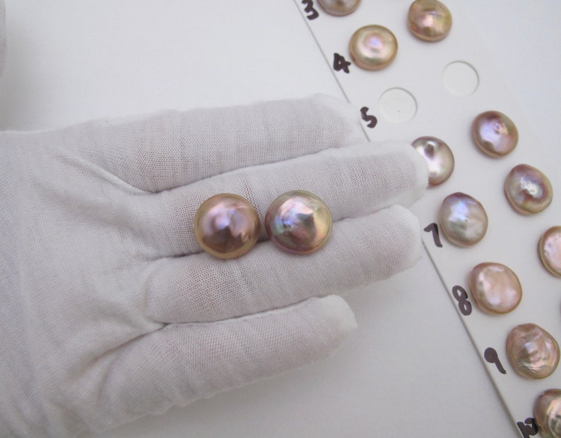 1041B-FP One Pair Rare AAA 14-15mm High Luster Beautiful Natural Mauve PinkPeachChampagne Thick Coin Freshwater Pearls,0.8mm Half Drilled