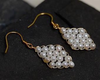 Handmade Diamond Pearl Dangle Earrings: 925 Gold Posts