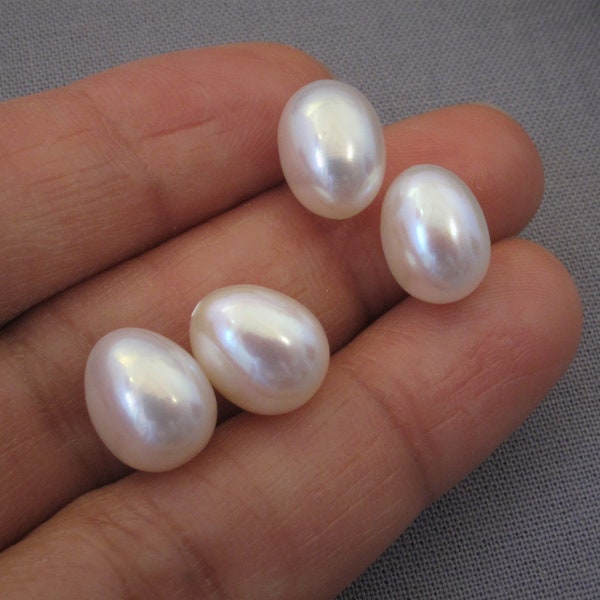 One Pair - 8-8.5mm x 10-11mm High Luster Oval Rice Cultured Pearls,Half Drilled Pearl Beads, Genuine Natural Freshwater Pearl Pairs (278-FP)