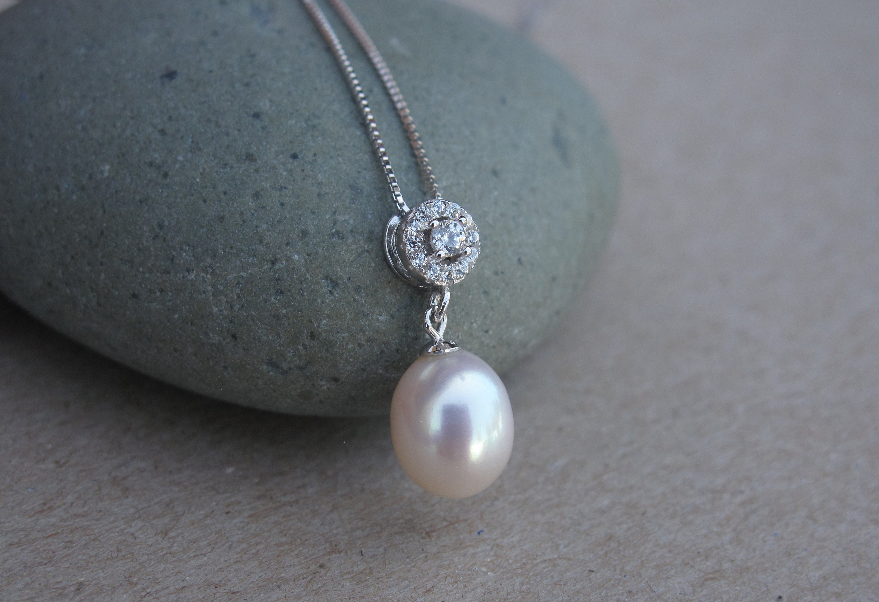 High Luster Freshwater Pearl CZ Necklace in 925 Sterling High Luster Freshwater Pearl CZ Necklace in 925 Sterling