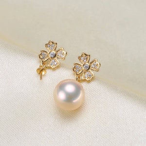 One Pair-925 Sterling Silver Flower Earring Settings w/Cubic Zirconia,DIY Pearl Earring Jewelry,Half Drilled Beads Earring Findings (235-EF)