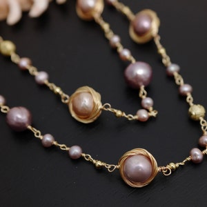 Beautiful Handmade Genuine Natural Pink Baroque Freshwater Pearl Necklace w/Gold Plated Wires & Clasp, Bridal Pearl Necklace Gifts (3161-NK)