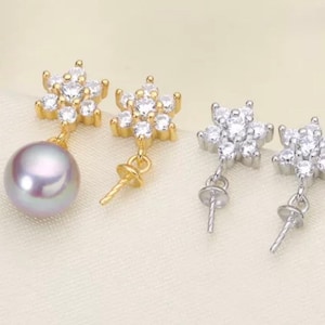 One Pair 925 Sterling Silver/Gold Flower Post Earring Findings w/Cubic Zirconia,Earring Mounts,Half Drilled Pearls Earring Settings (EF-532)