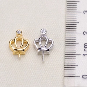 Sterling Silver Crown Pendant Bail with CZ Accent for Half-Drilled Pearls