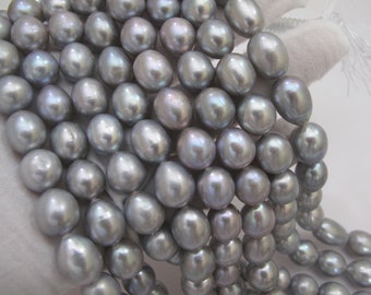 10-11 x 12-14mm Beautiful AA+ Silver Gray Rice/Oval Freshwater Pearl Beads, Best Luster Genuine Cultured Gray Freshwater Pearls (938-FP)