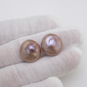 One Pair Rare AAA 14-15mm High Luster Beautiful Natural Mauve Pink/Peach/Champagne Thick Coin Freshwater Pearls,0.8mm Half Drilled(1041C-FP)