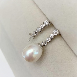 One Pair 925 Sterling Silver Post Earring Findings with Cubic Zirconia, DIY Earring Mounts,Half Drilled Pearls Stud Earring Setting(760-EF)