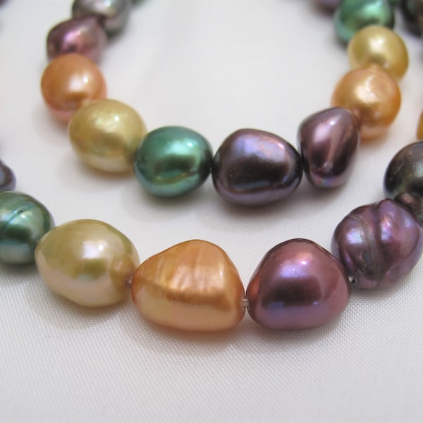 9-10 x 11-12mm Full Strand Lustrous Multi Color Rice Nugget Pearl Beads,Genuine Freshwater Pearls,High Luster Cultured Nugget Pearls(672-NP)