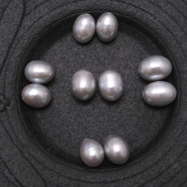 One Pair - 7-8mm x 9-11mm High Luster AAA Oval Rice Silver Gray Colored Pearls,Half Drilled Pearl Beads,Genuine Freshwater Pearls (1149B-FP)