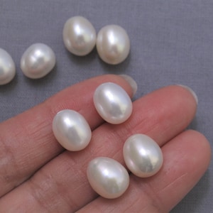 Eén paar: 9-9,5 mm x 10-11 mm hoge glans ovale rijst natuurlijke witte parels, halfgeboorde losse parels, echte zoetwaterparels (WL-276B)