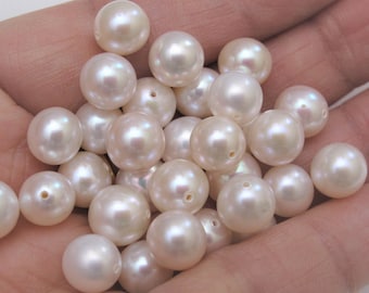 1 PC Beautiful Lustrous 8-8.5mm Round Pearls, Undrilled/Half Drilled Loose Pearls, Natural White Genuine Freshwater Pearl Beads (275-FP)