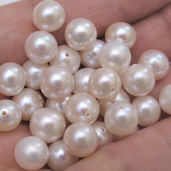 1 PC Beautiful Lustrous 8-8.5mm Round Pearls, Undrilled/Half Drilled Loose Pearls, Natural White Genuine Freshwater Pearl Beads (275-FP)