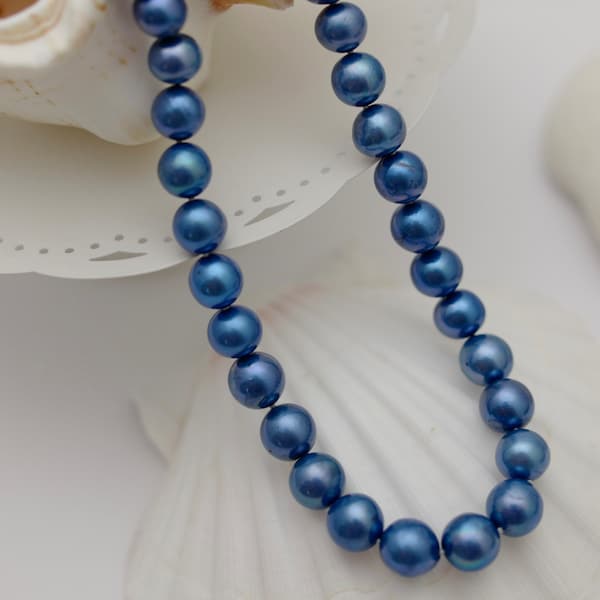 Beautiful Hand Knotted Blue Baroque Pearl Necklace, Royal Blue Colored Genuine Baroque Pearl Necklace w/925 Sterling Silver Clasp (3124-NK)