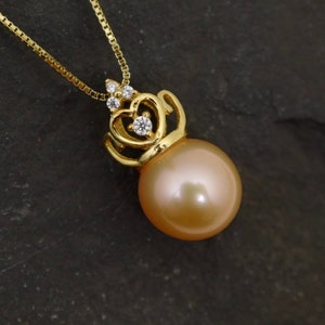 Natural Champagne/Peach Pink Pearl Necklace w/925 Sterling Silver/Gold Crown Pendant Necklace,Genuine Natural Color Pearl Necklace(3128B-NK)