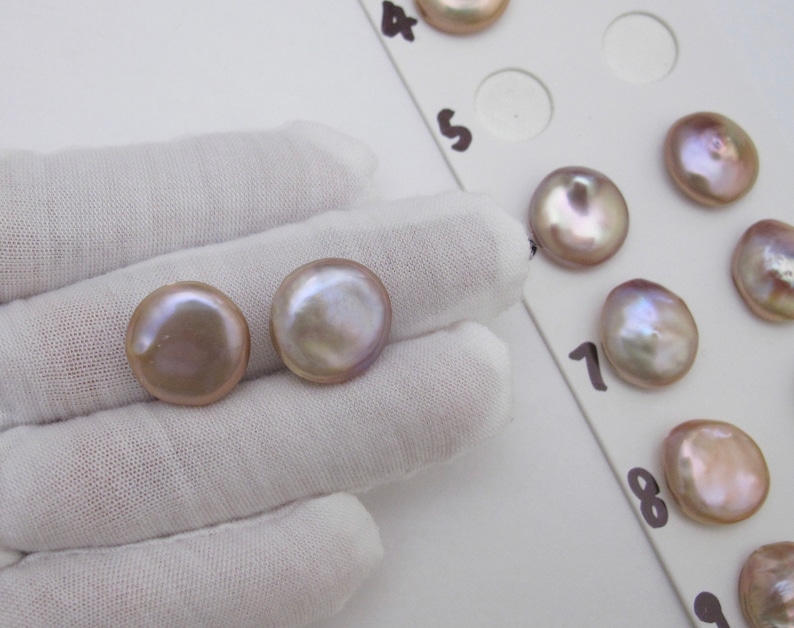 1041B-FP One Pair Rare AAA 14-15mm High Luster Beautiful Natural Mauve PinkPeachChampagne Thick Coin Freshwater Pearls,0.8mm Half Drilled