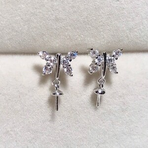 One Pair - 925 Sterling Silver Butterfly Earring Findings, Pearl Peg Earring Mounts, Half Drilled Pearl Silver Post Earring Settings(EF-535)