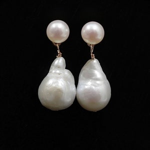 Genuine Natural Baroque Freshwater Pearl Earrings in 925 Sterling Silver/Gold Posts, Irregular Baroque Teardrop Pearl Earrings (6133-ER)