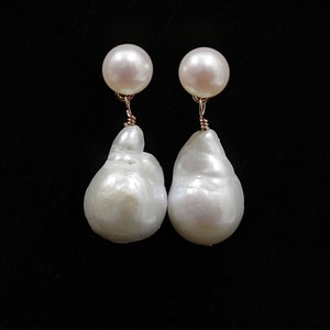 Genuine Natural Baroque Freshwater Pearl Earrings in 925 Sterling Silver/Gold Posts,Irregular White Baroque Teardrop Pearl Earrings(6133-ER)