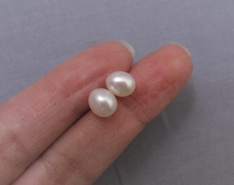 One Pair 6-6.5 x 7-8mm High Luster Small Oval Rice Pearls,Half Drilled Rice Pearls, Genuine Natural White Freshwater Pearl Pairs (1124-FP)