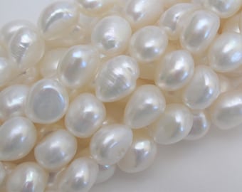 9-10 x 11-12mm Natural White Rice Nugget Pearl Beads, Beautiful Genuine Freshwater Pearls, High Luster Cultured Nugget Pearls (676A-FP)