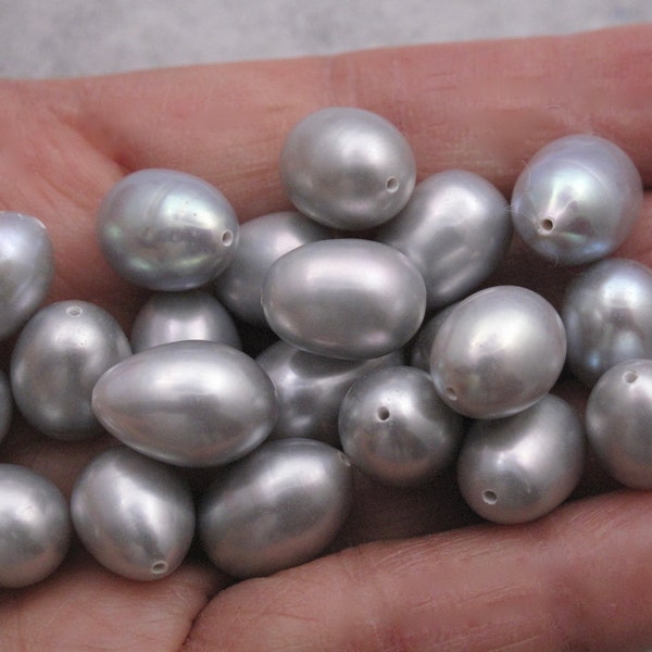 1 PC 9-10mm Beautiful Oval Rice Silver Gray Colored Freshwater Pearls - NOT Paired, Half Drilled Silver Gray Loose Genuine Pearls (1159-FP)