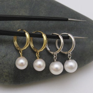 High Luster Natural Freshwater Round Pearl w/925 Sterling Silver Hoop Earrings, Simple Pearl Drop Earrings, Bridal Pearl Earrings (6115-ER)