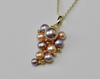 Multi Pink Freshwater Pearl Cluster Necklace: 18k Gold Vermeil Chain, Grape Pearls Necklace, Adjustable Chain (3181-NK)