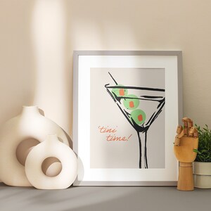 Plakat Martini | Sztuka ścienna Tini Time, wydruki z alkoholem i napojami, sztuka ścienna z plakatem, wystrój domu, rysunek, neutralna sztuka ścienna | Rysowane ręcznie