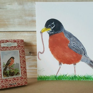 Robin Watercolor Print, Bird with Worm, Fine Art Paper, Nature Animal and Bird Lover Present