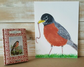 Robin Watercolor Print, Bird with Worm, Fine Art Paper, Nature Animal and Bird Lover Present