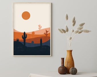 Impression abstraite du désert, affiche de paysage moderne, art minimaliste de cactus, dunes de sable de dessin au trait, art mural de la nature boho, affiche de couleur rustique