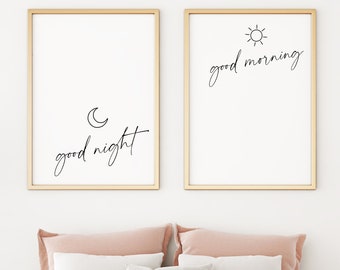 Bedroom Poster, Good Night Good Morning Bedroom Wall Art, Bedroom Printables, Home Decoration, Above Bed Wall Art, Black And White Wall Art