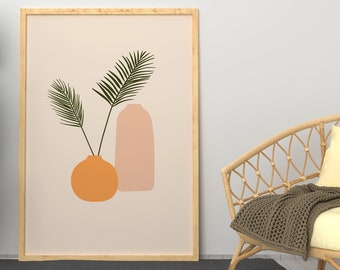 Impresión de arte de jarrón de hoja de palma, arte vegetal minimalista, arte de pared escandinavo, impresión de pared de cerámica abstracta, arte vegetal imprimible, cartel de arte tropical