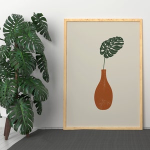 Impresión de arte de hoja de Monstera, arte de pared botánico, cartel de jarrón de cerámica, dibujo de planta minimalista, arte de pared escandinavo, arte botánico, arte digital