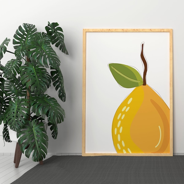 One Line Fruit Artwork, Pear Fruit Illustration, Minimal Bohemian Drawing, Kitchen Print Art, Botanical Art, Farmhouse Wall Decoration