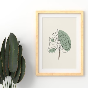Monstera Leaf Wall Art, Tropical Art, Printable Poster, Minimal Plant Drawing, Botanical Poster, Printable Leaf Artwork, Scandinavian Art