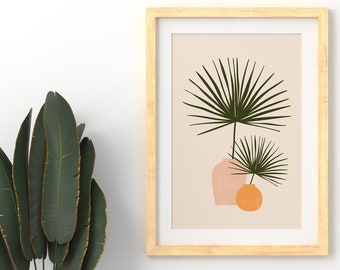 Palm Leaf Vase Art Print, Botanical Wall Art, Minimal Plant Pots Poster, Tropical Wall Art, Abstract Pottery Wall Print,Minimalist Plant Art