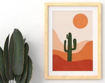 Desert Sun Art Print, Minimal Landscape Poster, Minimalist Cactus Art, Line Drawing Sand Dunes, Boho Nature Wall Art, Rustic Color Poster