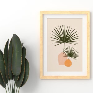 Impresión de arte de jarrón de hoja de palma, arte de pared botánico, cartel de macetas de plantas mínimas, arte de pared tropical, impresión de pared de cerámica abstracta, arte vegetal minimalista