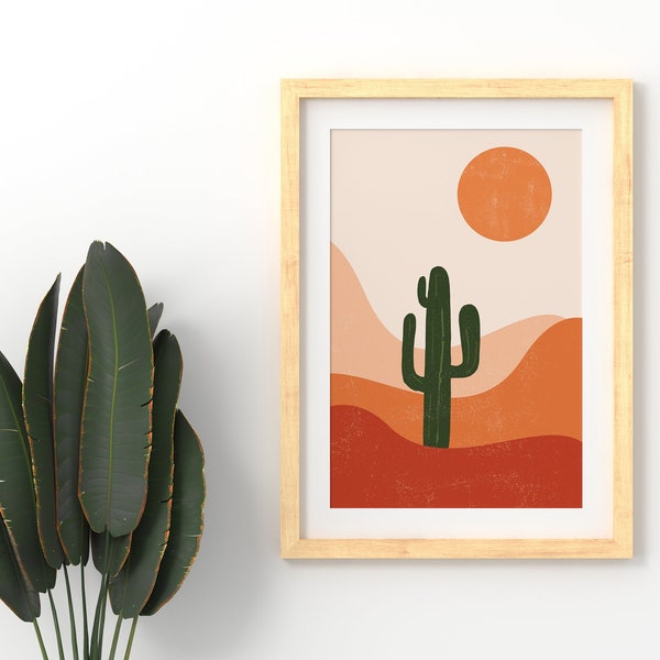 Desert Sun Art Print, Minimal Landscape Poster, Minimalist Cactus Art, Line Drawing Sand Dunes, Boho Nature Wall Art, Rustic Color Poster